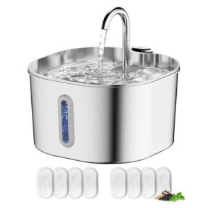 Stainless Steel Cat Water Fountain, 2L Indoor Pet Drinking Fountain with Quiet Pump, Includes 8 Replacement Filters for Cats & Dogs